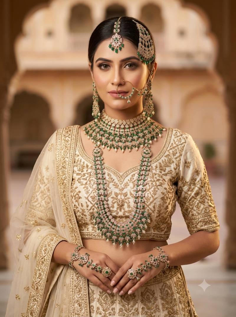 Green antique gold-plated agate stone two-layer necklace set with earrings, pasha, nath, panja & tika