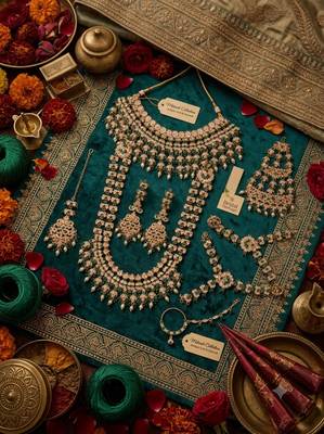 Green antique gold-plated agate stone two-layer necklace set with earrings, pasha, nath, panja & tika 2