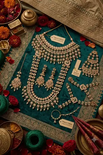 Green antique gold-plated agate stone two-layer necklace set with earrings, pasha, nath, panja & tika