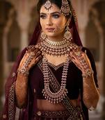 Maroon antique gold-plated agate stone two-layer necklace set with earrings, pasha, nath, panja & tika