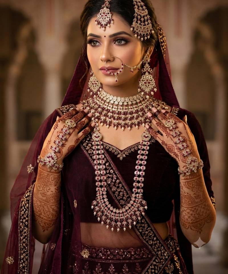 Maroon antique gold-plated agate stone two-layer necklace set with earrings, pasha, nath, panja & tika