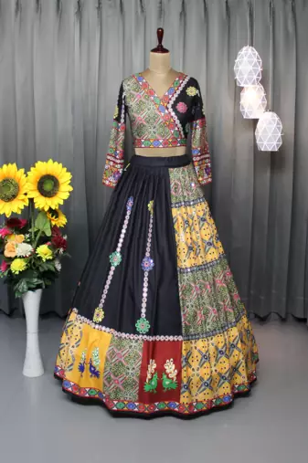 black digital print silk blend navratri lehenga choli