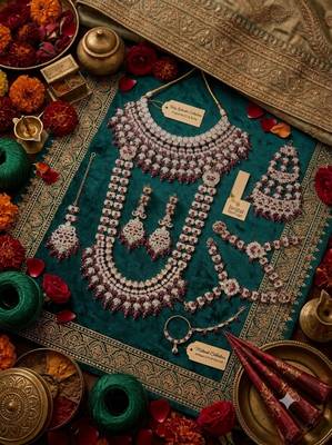 Maroon antique gold-plated agate stone two-layer necklace set with earrings, pasha, nath, panja & tika 2