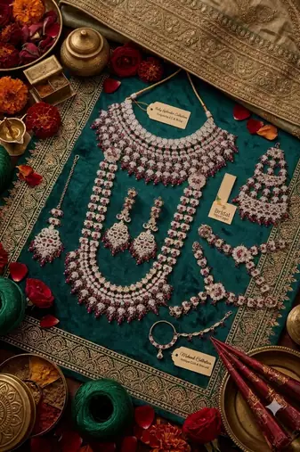 Maroon antique gold-plated agate stone two-layer necklace set with earrings, pasha, nath, panja & tika