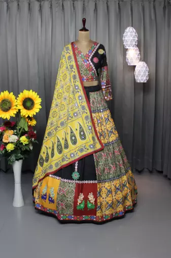 black digital print silk blend navratri lehenga choli