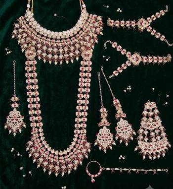 Maroon antique gold-plated agate stone two-layer necklace set with earrings, pasha, nath, panja & tika 3