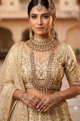 Champion antique gold-plated agate stone two-layer necklace set with earrings, pasha, nath, panja & tika