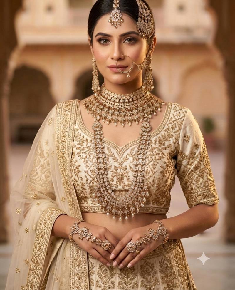 Champion antique gold-plated agate stone two-layer necklace set with earrings, pasha, nath, panja & tika