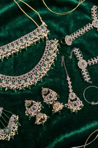 Green antique gold-plated agate stone two-layer necklace set with jhumki earrings, pasha & nath