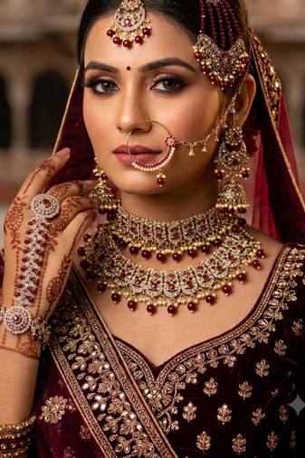Maroon antique gold-plated agate stone two-layer necklace set with jhumki earrings, pasha & nath