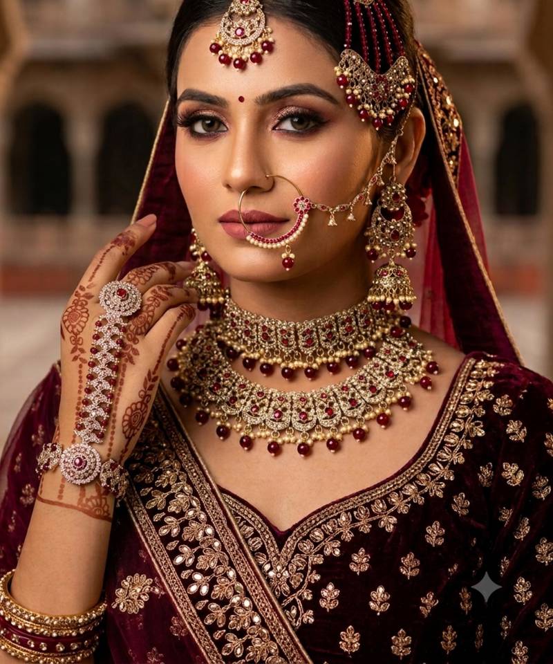 Maroon antique gold-plated agate stone two-layer necklace set with jhumki earrings, pasha & nath