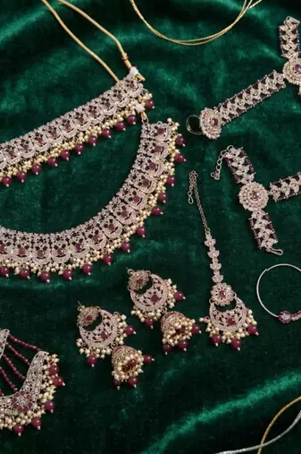 Maroon antique gold-plated agate stone two-layer necklace set with jhumki earrings, pasha & nath