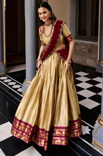 Women South Indian Style Cotton Silk Zari Woven Lehenga Choli