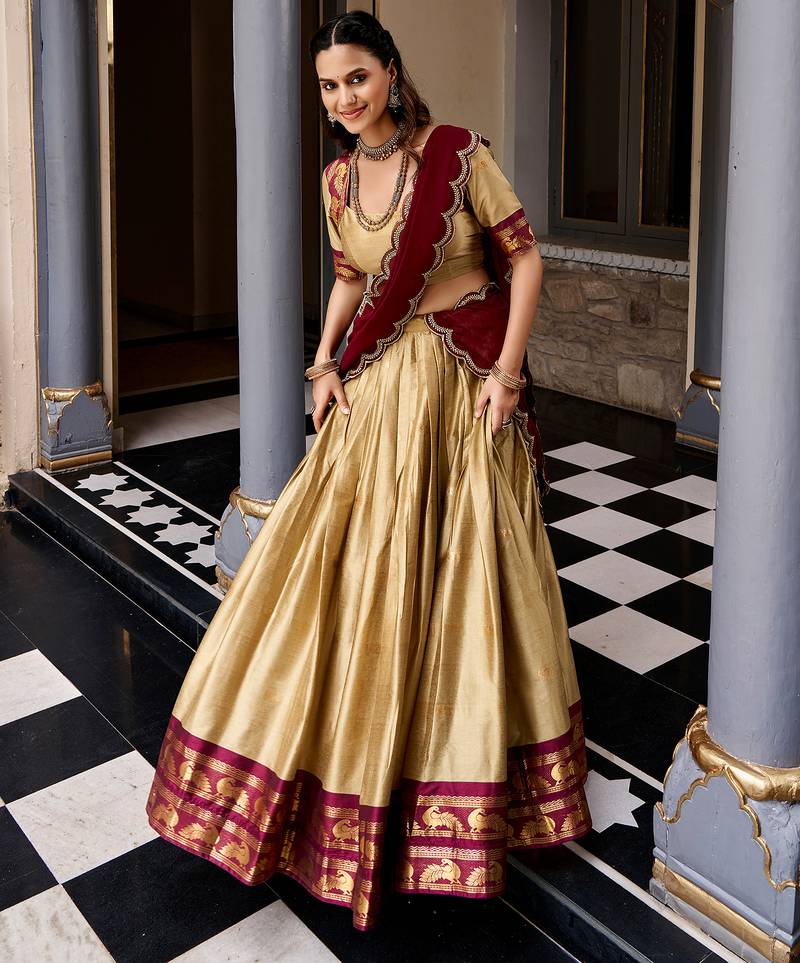 Women South Indian Style Cotton Silk Zari Woven Lehenga Choli