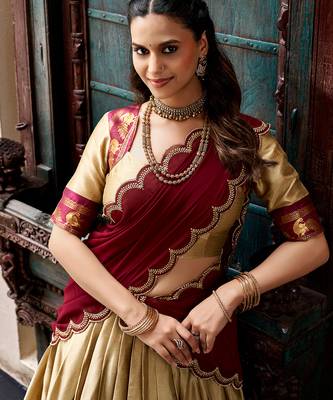 Women South Indian Style Cotton Silk Zari Woven Lehenga Choli 2