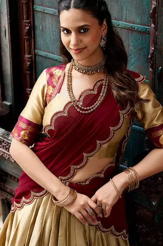 Women South Indian Style Cotton Silk Zari Woven Lehenga Choli