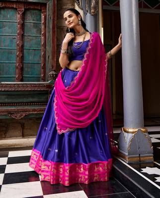 Women South Indian Style Cotton Silk Zari Woven Lehenga Choli 1
