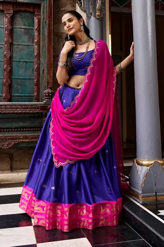 Women South Indian Style Cotton Silk Zari Woven Lehenga Choli