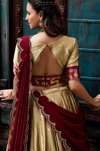 Women South Indian Style Cotton Silk Zari Woven Lehenga Choli