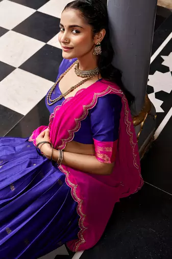 Women South Indian Style Cotton Silk Zari Woven Lehenga Choli