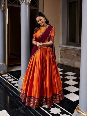 Women South Indian Style Cotton Silk Zari Woven Lehenga Choli 1