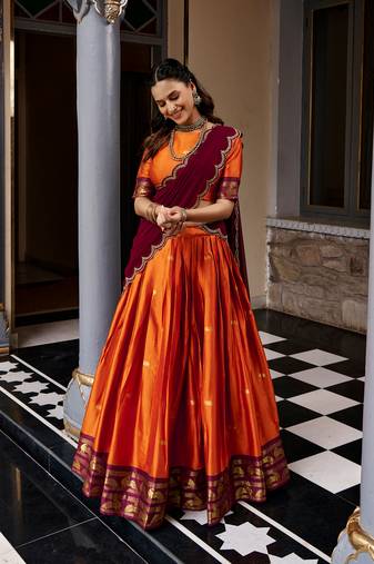 Women South Indian Style Cotton Silk Zari Woven Lehenga Choli