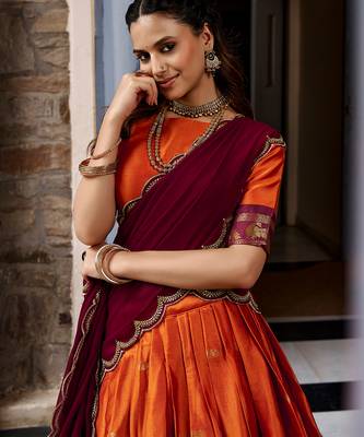 Women South Indian Style Cotton Silk Zari Woven Lehenga Choli 2