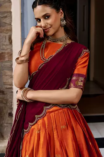 Women South Indian Style Cotton Silk Zari Woven Lehenga Choli