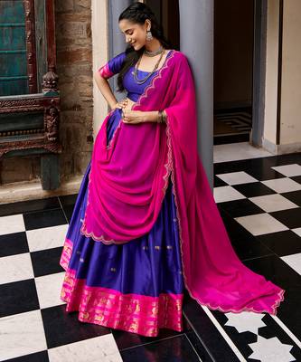 Women South Indian Style Cotton Silk Zari Woven Lehenga Choli 4