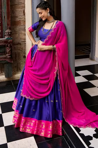 Women South Indian Style Cotton Silk Zari Woven Lehenga Choli