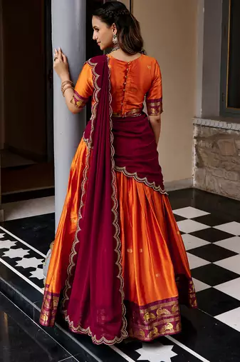 Women South Indian Style Cotton Silk Zari Woven Lehenga Choli