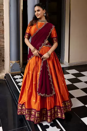 Women South Indian Style Cotton Silk Zari Woven Lehenga Choli
