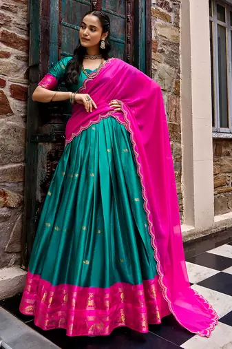 Women South Indian Style Cotton Silk Zari Woven Lehenga Choli