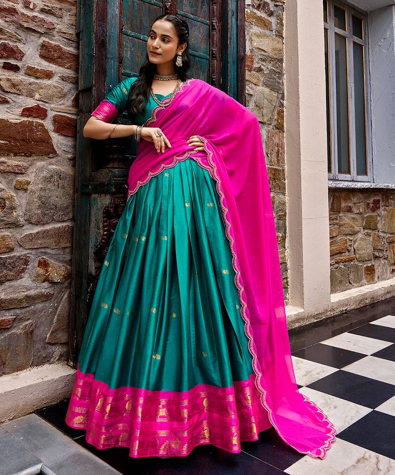 Women South Indian Style Cotton Silk Zari Woven Lehenga Choli