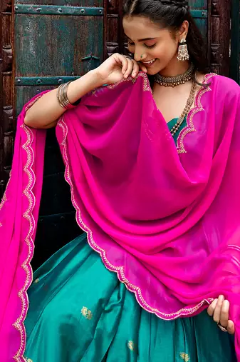 Women South Indian Style Cotton Silk Zari Woven Lehenga Choli