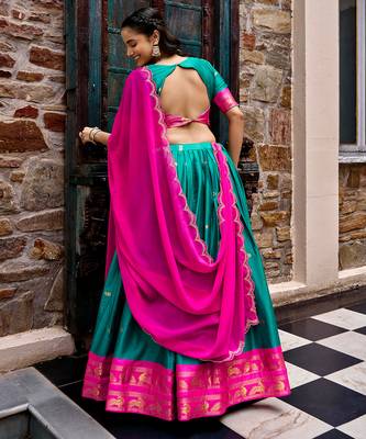 Women South Indian Style Cotton Silk Zari Woven Lehenga Choli 3