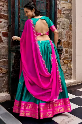 Women South Indian Style Cotton Silk Zari Woven Lehenga Choli