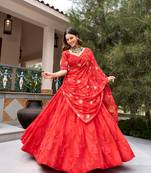 Women's Georgette Printed Free Size Lehenga Choli with Sequins, Embroidery & Mirror Work Dupatta Set