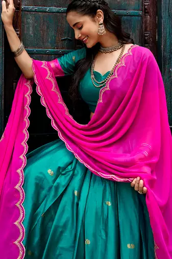 Women South Indian Style Cotton Silk Zari Woven Lehenga Choli