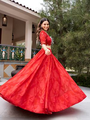 Women's Georgette Printed Free Size Lehenga Choli with Sequins, Embroidery & Mirror Work Dupatta Set 3