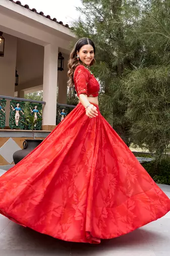 Women's Georgette Printed Free Size Lehenga Choli with Sequins, Embroidery & Mirror Work Dupatta Set