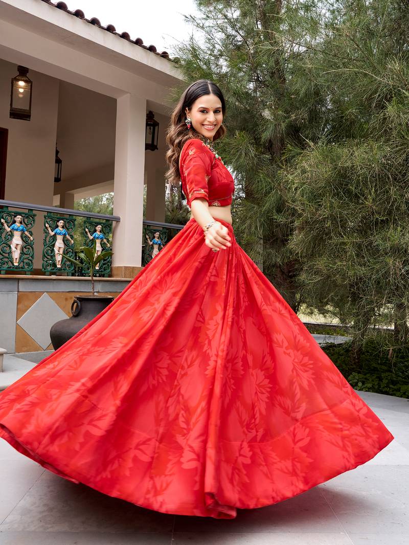 Women's Georgette Printed Free Size Lehenga Choli with Sequins, Embroidery & Mirror Work Dupatta Set