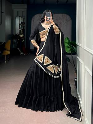 Women Black Khadi Cotton Flared Lehenga Choli with Sequins & Thread Embroidered Blouse and Dupatta Set 1