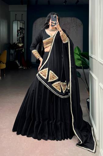 Women Black Khadi Cotton Flared Lehenga Choli with Sequins & Thread Embroidered Blouse and Dupatta Set