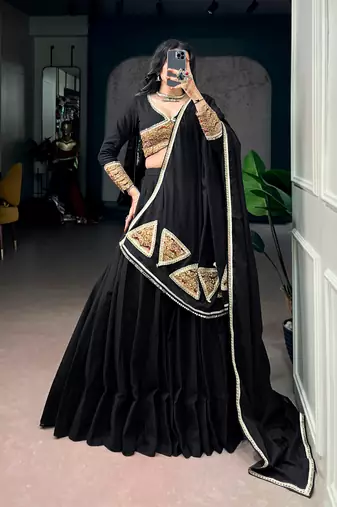 Women Black Khadi Cotton Flared Lehenga Choli with Sequins & Thread Embroidered Blouse and Dupatta Set