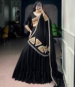 Women Black Khadi Cotton Flared Lehenga Choli with Sequins & Thread Embroidered Blouse and Dupatta Set