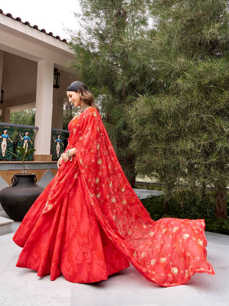 Women's Georgette Printed Free Size Lehenga Choli with Sequins, Embroidery & Mirror Work Dupatta Set