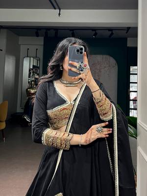 Women Black Khadi Cotton Flared Lehenga Choli with Sequins & Thread Embroidered Blouse and Dupatta Set 2