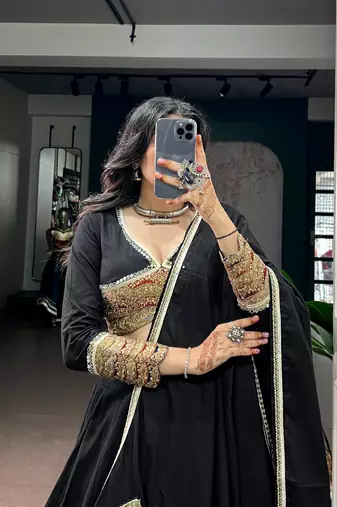 Women Black Khadi Cotton Flared Lehenga Choli with Sequins & Thread Embroidered Blouse and Dupatta Set