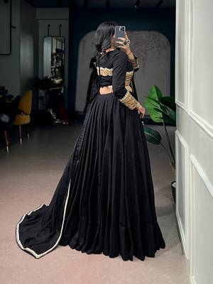 Women Black Khadi Cotton Flared Lehenga Choli with Sequins & Thread Embroidered Blouse and Dupatta Set 3